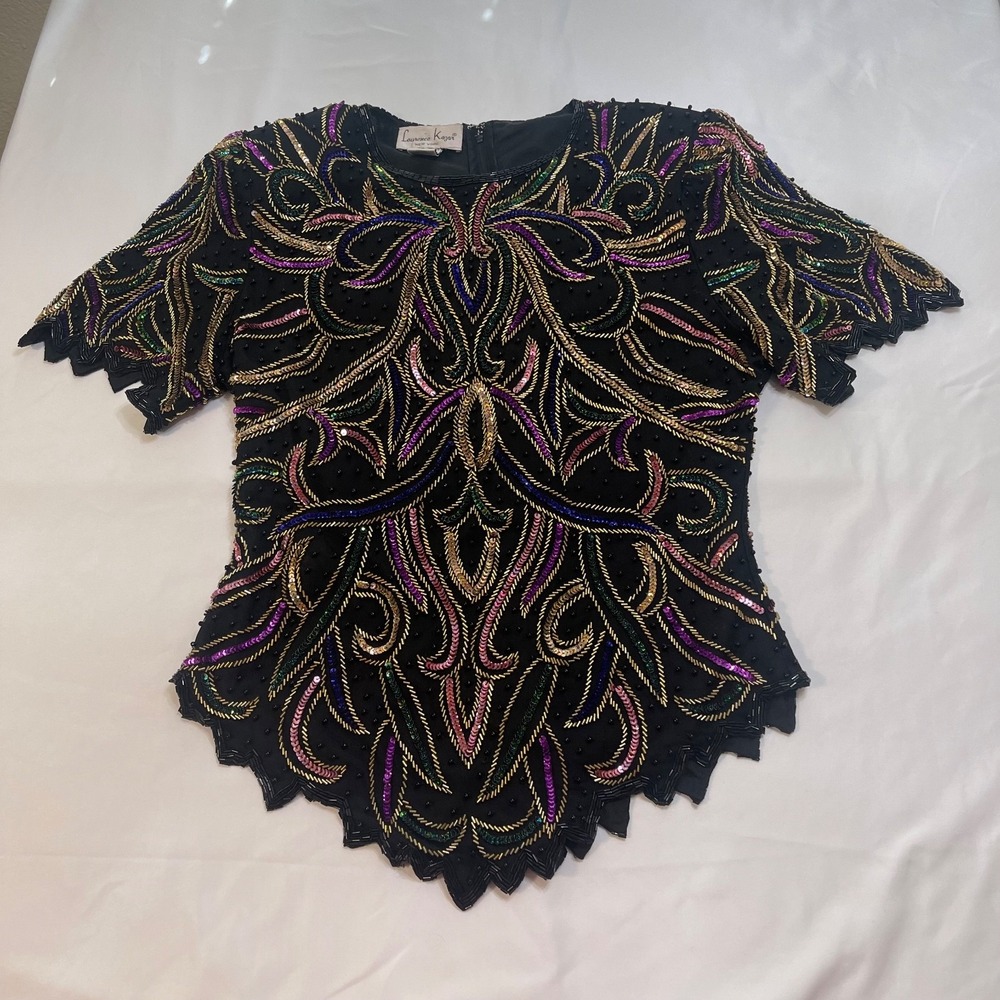Vintage Laurence Kazar XL Silk Beaded Sequin Top Black Multicolor 80s Glam